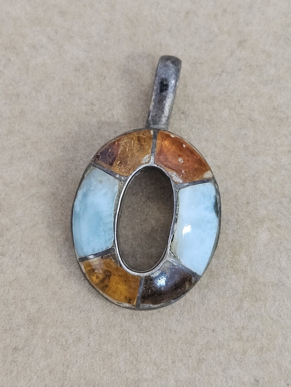 925 Larimar & Amber Sterling Silver Oval Natural Stone Pendant